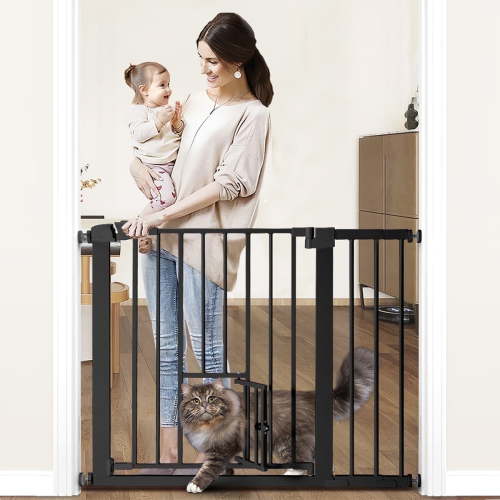 Pet Safety Gate, Caveen 29.5''-40.5''Wide Pet Safety Gate with Cat Door, Black