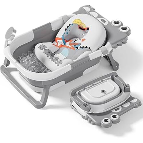 Alligator Collapsible Baby Bathtub for Newborn with Thermometer & 1 Soft Floating Cushion & Drain Hole, Foldable & Portable Travel Baby Bath Tub for Newborns to Toddlers 0-36 Months Boy