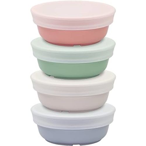 Re-Play Made in USA 12 Oz. Reusable Plastic Bowls, Pack of 4 With 4 Lids - Dishwasher and Microwave Safe Bowls with Lids for Everyday Dining - Toddler Bowl Set 5.75" x 5.75" x 2", Desert Sands