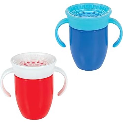 Nuby Wonder Cup with 360 Smart Edge Silicone Rim - Two-Handle Design - (2-Pack) 7 oz - Red/Blue