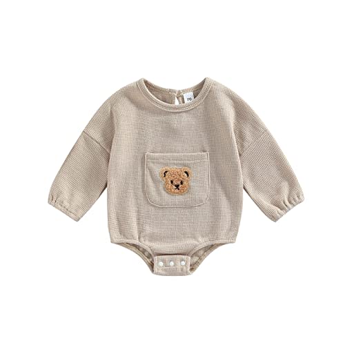 Newborn Baby Boy Girl Romper Long Sleeve Bear Front Pocket Waffle Knit Bodysuit Top Fall Winter Clothes (Khaki,6-12 Months)