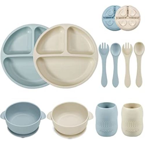 PandaEar Silicone Baby Feeding Set| 2 Divided Suction Plate + 2 Suction Bowl + 2 Tiny Cup with 2 Spoons| Baby Led Weaning Supplies Self Feeding Utensils (Blue White)
