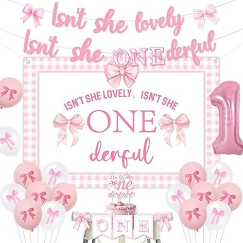 Pink Bow First Birthday Decorations Isn't She Onederful Bow Banner Backdrop Cake Topper Pink Bow One High Chair Banner Balloon Coquette Party Decors for Girls Isn't She Lovely Party Supplies