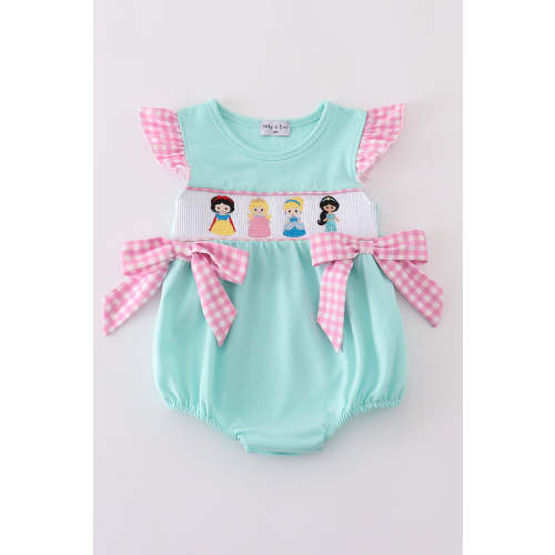 Mint princess embroidery gingham bow bubble – HoneyBean