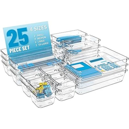 25 pc Clear Plastic Drawer Organizer Set,4 Size Small Storage Containers for Organizing Jewelry,Utensil,Junk,Tea,Makeup,Shallow Drawer Organizers Tray Suitable for Office,Desk,Bathroom,Vanity,Kitchen