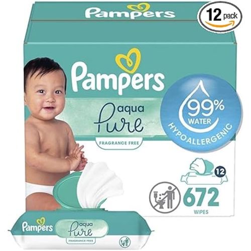 Pampers Baby Wipes Aqua Pure, 99% water-based wipes, Hypoallergenic and Unscented Baby Wipes, 672 Wipes Total (12 Flip-Top Packs)