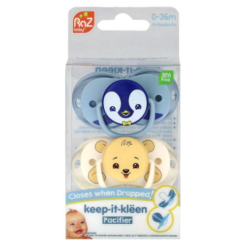 RaZbaby Keep-It-Kleen, Pacifier, 0-36 Months, Penguin & Bear, 2 Pacifiers