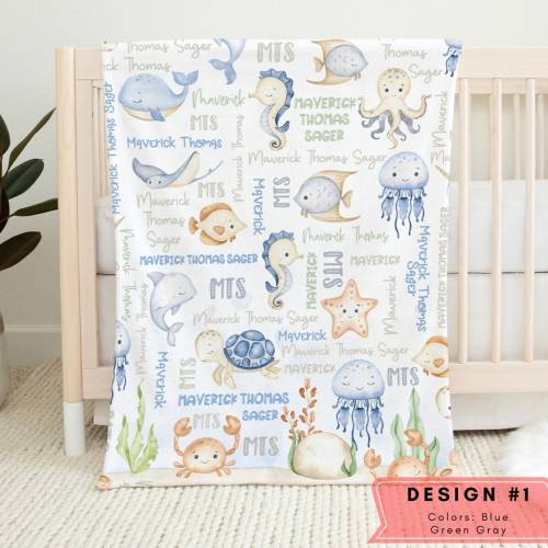 Sea Animals Baby Blanket, Personalized Ocean Animals Blanket, Under Sea Minky Blanket, Whales Baby Blanket, Personalized Turtle Name Blanket