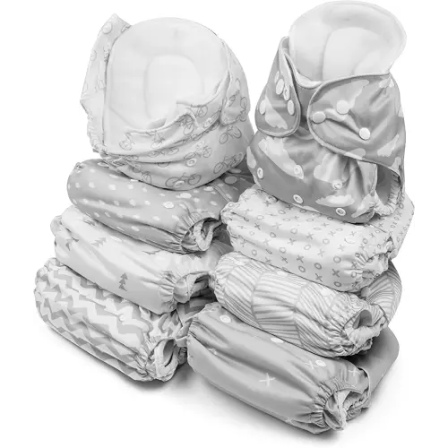 BaeBae Goods Adjustable Cloth Diapers for Boys and Girls – 8 Reusable Cloth Diapers for Babies with 8 Cloth Diaper Inserts (Grey Clouds)