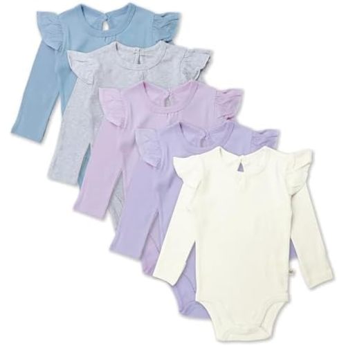 HonestBaby Baby Girls' 5-pack Long Sleeve Ruffle Shoulder Bodysuits 100% Organic Cotton for Infant Baby Girls
