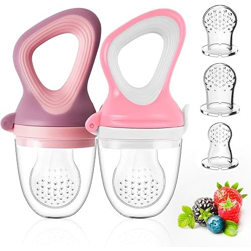 Baby Solids/Frozen Fruit Feeder Pacifier, Infant Teether Toy 4M+, BPA-Free Silicone Pouch & Nipple, Safely Introduce Solids, Teething Relief, 2-Pack (Candy - Purple Pink, S/M/L)