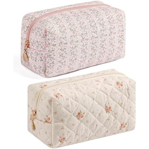 Makeup Bag Travel Cosmetic Bag for Women Girls, Zipper Make Up Pouch, Floral Flowers Toiletry Organizer Makeup, Portable Storage Cosmetic Travel Cloth Bag (Pink+White Small Flower)