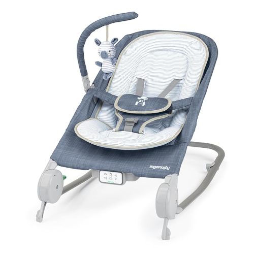 Ingenuity Gas Relief and Anti-Colic Baby Bouncer Seat and Rocker, Gentle Belly Massage to Relax and Soothe Bellies, Instant Tummy Soother, 20 Songs and Melodies – Chambray Blue