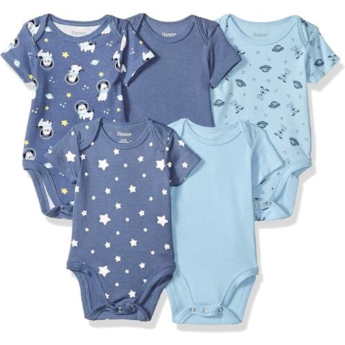 Hanes Baby Bodysuits, Ultimate Flexy Short Sleeve for Boys & Girls, 5-Pack - 0-6 Months - Sky
