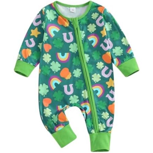 Newborn Baby Girl Boy St. Patricks Day Outfit Four Leaf Clover Romper Green Long Sleeve Bodysuit Jumpsuit