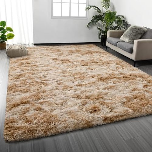 Large Shag Area Rugs 6 x 9, Tie-Dyed Plush Fuzzy Rugs for Living Room, Ultra Soft Fluffy Furry Rug for Bedroom, Indoor Carpet Nursery Rugs for Kids Room Home Decor, Beige