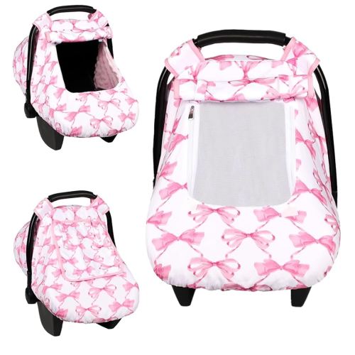 Car Seat Cover Baby, HNHUAMING Infant Car Seat Covers Canopy for Baby Girl Boy, Cozy & Windproof Newborn Carseat Covers Minky Dot Backing Stroller Cover with Breathable Mesh Window, Pink Bow