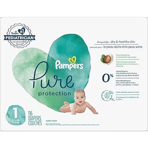 Pampers Diapers Size 1/Newborn, 116 Count - Pure Protection Disposable Baby Diapers, Hypoallergenic and Unscented Protection, Super Pack (Packaging & Prints May Vary)