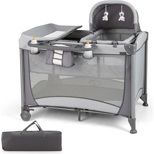 HONEY JOY Pack and Play with Bassinet, 4-in-1 Baby Playard with Changing Table & Removable Infant Full-Size Bassinet, Diaper Storage Basket & Music, Foldable Nursery Center w/Carry Bag (Gray)