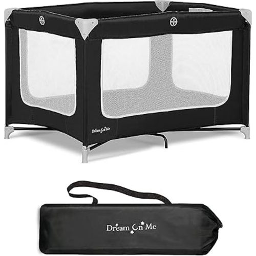 Dream On Me Zoom Portable Playard in Black, Lightweight, Packable and Easy Setup Baby Playard, Breathable Mesh Sides and Soft Fabric - Comes with a Removable Padded Mat