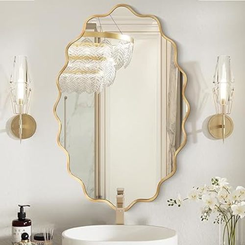 Oval Wavy Mirror - Irregular Wall Mirror 22"x30" Gold Asymmetrical Aviation Aluminum Alloy Frame for Bathroom, Bedroom, Living Room, Cloakroom, Entryway