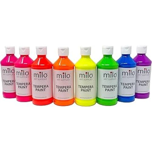 milo Fluorescent Tempera Paint Set of 8 Colors | 8 oz Bottles | Made in the USA | Washable and Non-Toxic Neon Art & Craft Poster Primary Paints for Artists, Kids, & Hobby Painters, Glows UV in Black Light
