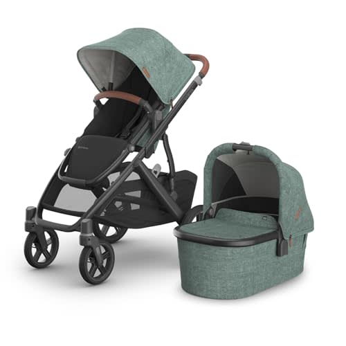 UPPAbaby Vista V3 Stroller + Bassinet V3 - Convertible Single-to-Double Stroller System- Bassinet, Toddler Seat, Bug Shield, Rain Shield Included - Gwen (Green Mélange/Carbon Frame/Saddle Leather)