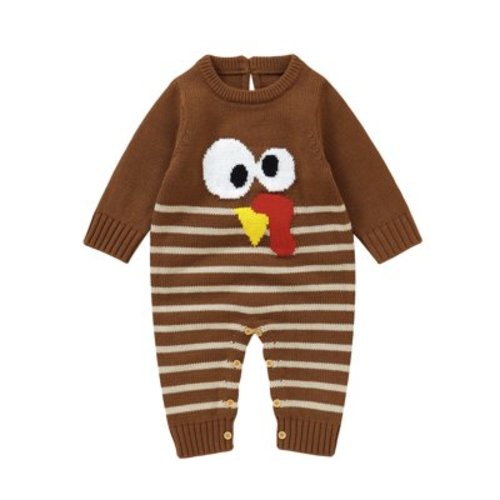 FAOWME Baby Boy Girl Thanksgiving Sweater Romper Turkey Long Sleeve Crewneck Knit Jumpsuit Onesie Fall Winter Clothes Coffee 3-6 Months