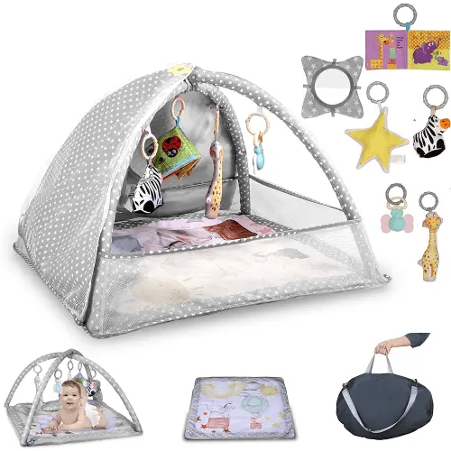 6-in-1 Baby Play Mat, Baby Play Gym Activity Mat with 6 Toys for Motor Skills & Sensory Development, Baby Tummy Time Play Mat for Babies 0-6 Months to 12 Mon, Easy Assemble & Cleaning(Grey)