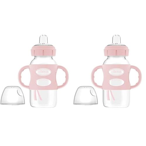 Dr. Brown's Milestones - Botella de cuello ancho con asas 100% de silicona, asas de fácil agarre con boquilla suave para sorber, 9 onzas, rosa claro, paquete de 2, 6 meses
