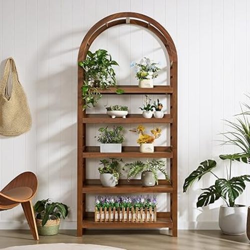 5-Tier Solid Wood Open Bookcase, Modern Arched Bookshelf, Home Office Shelf Storage Organizer, Storage Display Rack Shelf for Living Room (Walnut)