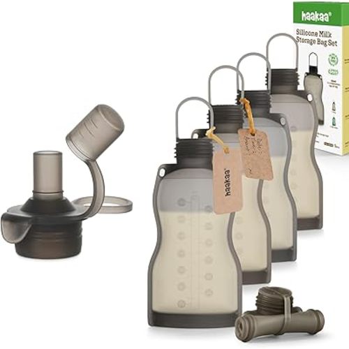 haakaa Silicone Breast Milk Storage Bag&Yummy Pouch Sippy Spout Set-Reusable Milk Collector Freezer Bag for Breastfeeding Mom - Baby Food Storing Yummy Pouch -Adaptor Compatible haakaa Yummy Pouches a