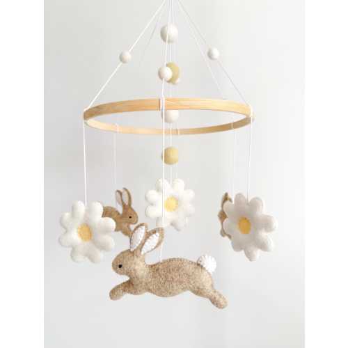 Handmade Bunny Felt Mobile, Flower Nursery Crib Decor