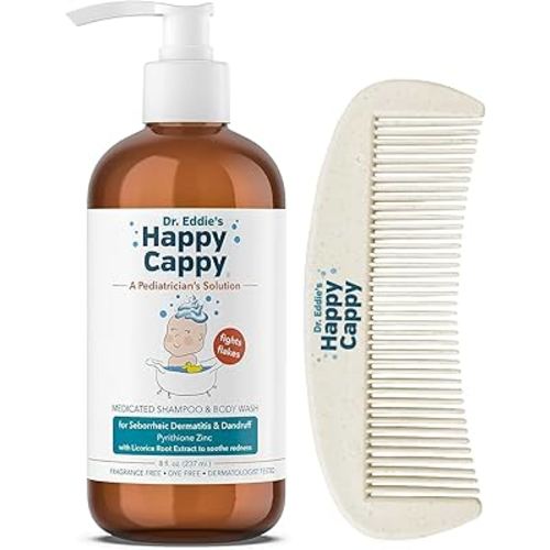 Happy Cappy Cradle Cap Medicated Shampoo & Body Wash with Comb - Baby Dandruff Shampoo, Helps Infants w/Seborrheic Dermatitis, Reduces Flakes & Redness, Dermatologist Tested, Fragrance Free - 8 fl oz