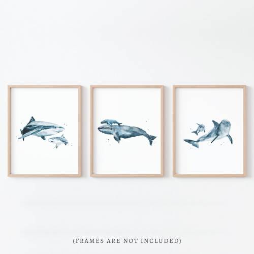 Ocean Animal Prints Mother and Baby Watercolor Art 3 Print Set for Nautical Nursery, Kids Room, or Playroom