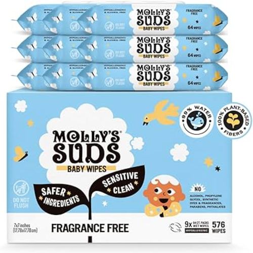 Molly's Suds Sensitive Clean Baby Wipes | 99% Water, Plant-Based, Fragrance Free | 576 Total Wipes (9 Flip-Top Packs)