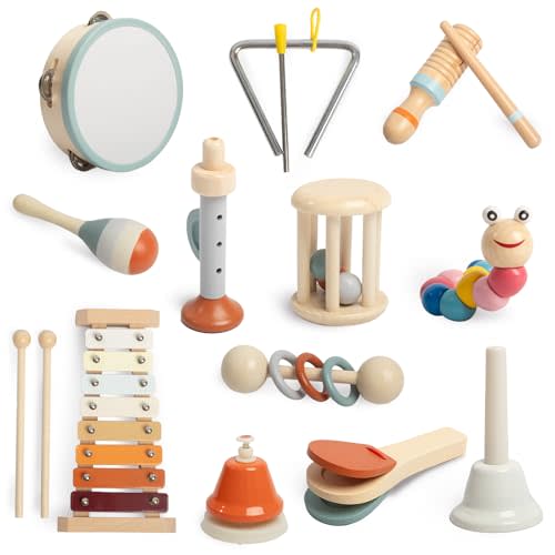 OIDIRE Toddler Musical Instruments Set, Montessori Baby Wooden Toys for Toddlers 1-3, Percussion Instruments for Kids with Xylophone, Neutral Colors Preschool Music Toys