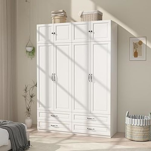 Armoire Wardrobe Closet with Doors: 89" Extra Tall White Wardrobe with Storage on Top, Bedroom Armoires with 4 Doors and 4 Drawers, Large Wood Closet Armoire for Hanging Clothes (B, 63")