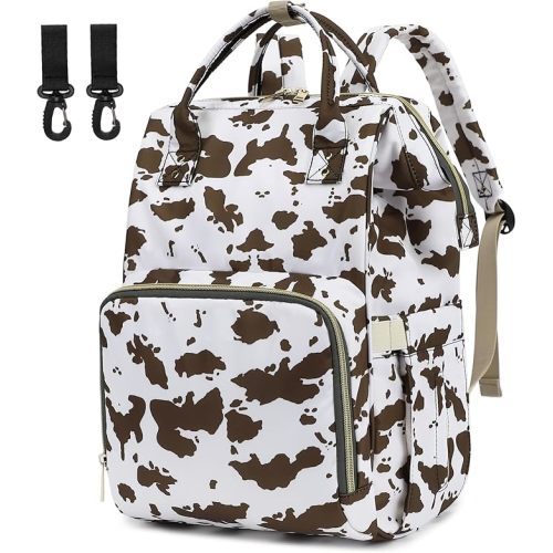 Diaper Bag Backpack for Baby Girls, Mom Waterproof Large Nappy Bags for Women - Cow Print Brown