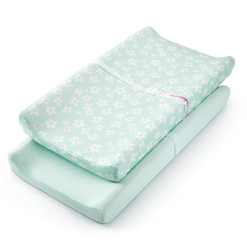 TILLYOU Changing Pad Cover Set in Soft Jersey Material - Fits 32"/34''x16 Contoured Pad for Babies, Fresh Flowers and Light Green