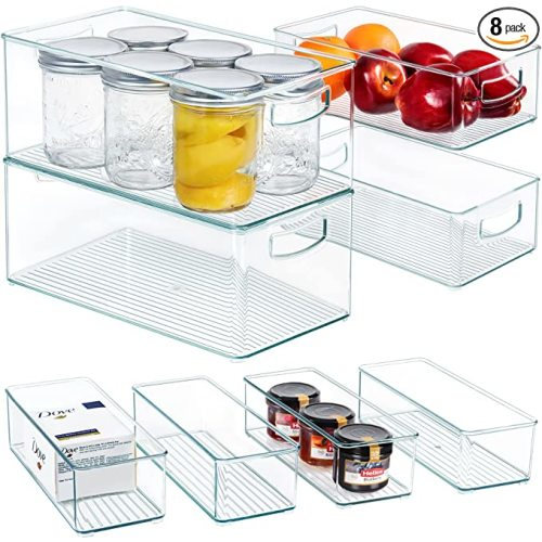 Hudgan 8 PACK Stackable Pantry Organizer Bins (3 sizes) - Clear Fridge Organizers for Kitchen, Freezer, Countertops, Cabinets - Plastic Food Storage Container with Handles for Home and Office