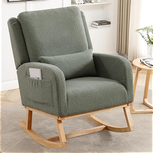 Rocking Chair Nursery, Sherpa Nursing Rocking Chairs, Upholstered Nursery Glider Rocker for Mom Nursery Morden Accent Rocking Chair with Lumbar Pillow for Living Room,Bedroom,Teddy Green