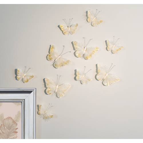 Feather Butterfly Wall Decorations 3D Wall Decals Girls Bedroom, Stunning Gold Glitter Decor Stickers, Set of 10 Adhesive Pieces