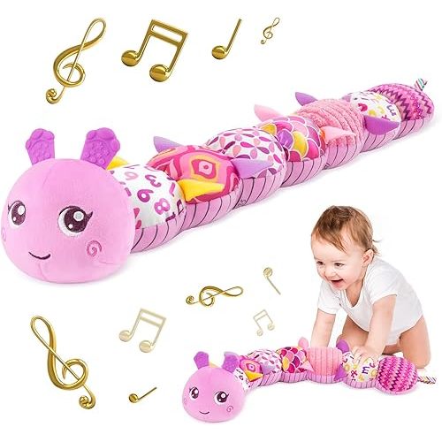 Infant Baby Musical Stuffed Animal Activity Soft Toys with Multi-Sensory Crinkle, Rattle and Textures for 0-3-6-12 Months Developmental Toys, Caterpillar, Purple