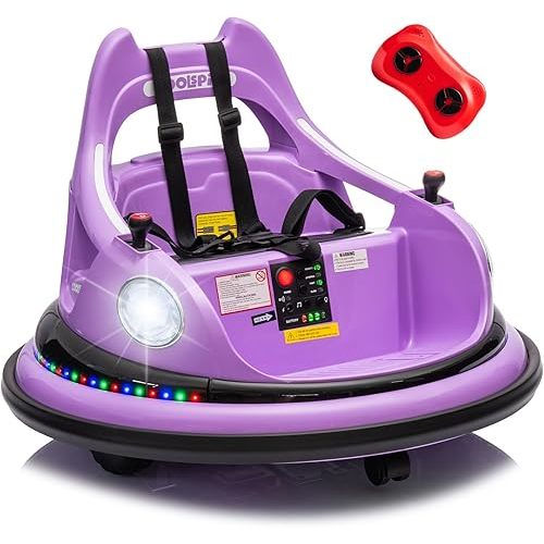 12V Bumper Car for Kids, Bumper Car for Toddlers W/Remote Control, Electric Ride On Car with LED Lights & 360 Degree Spin, Bluetooth, Anti-Collision Padding 5-Point Safety Belt, Purple