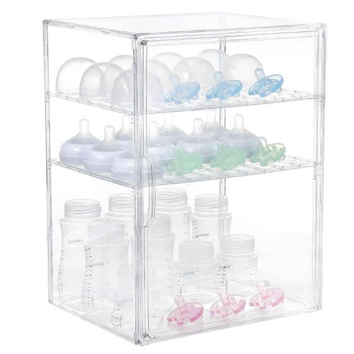 Gofinoday Clear Baby Bottle Storage Organizer for Countertop or Cabinet, 3-Tier Acrylic Organizer with Adjustable Shelves, Removable Dividers & Magnetic Door