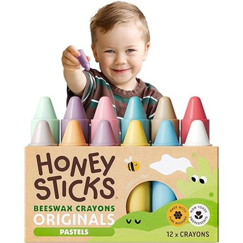Honeysticks 100% Pure Beeswax Crayons (12 Pack) - Pastel Colored - Non Toxic Crayons for Toddlers 1-3, Safe for Baby from 1 Year Old Plus, Handmade with Natural Beeswax and Food-Grade Colors, Eco