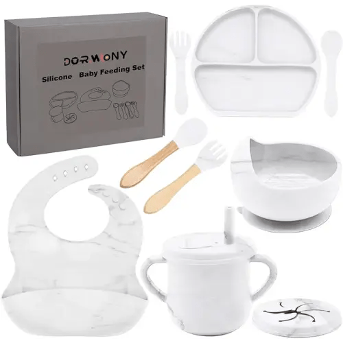 100% Silicone Baby Feeding Set,BPA Free Baby Dishes Set with Suction Bowl Divided Plate,Toddler Self Feeding Dish Set with Spoons Forks Sippy Cup and Bib, Baby Eating Utensils(White)