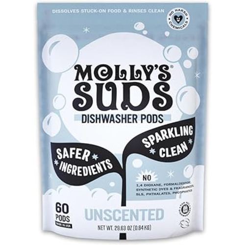 Molly's Suds Dishwasher Pods | Natural Dishwasher Detergent, Cuts Grease & Rinses Clean (Residue-Free) for Sparkling Dishes | 60 Auto-Release Tabs (Unscented)