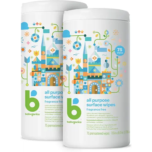 Babyganics All Purpose Surface Wipes, Fragrance-Free, 75 Count Plant Based and Non-Abrasive, No Ammonia, No Bleach (Pack of 2)